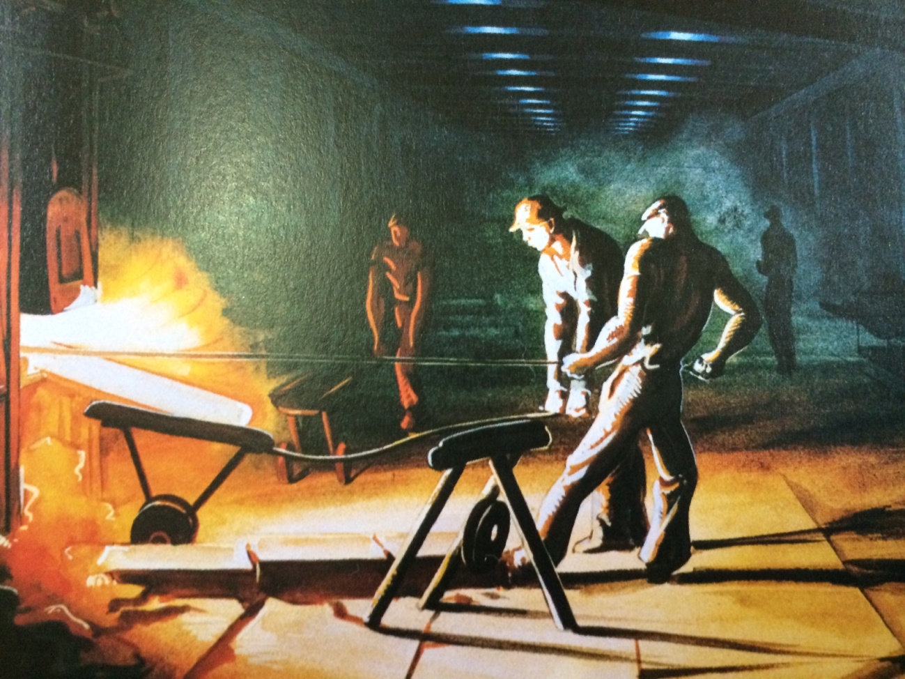 Pintura histórica de trabalhadores em uma fundição de aço